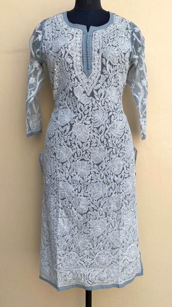 Lucknowi Chikankari Kurti Gray Faux Georgette