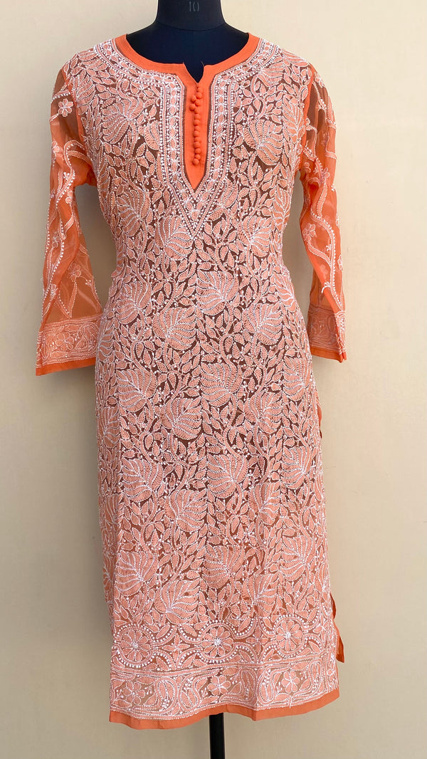 Lucknowi Chikankari Kurti Orange Faux Georgette