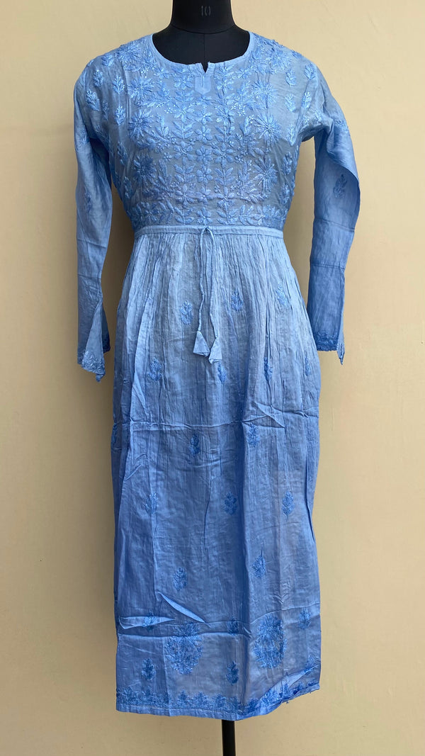 Lucknowi Chikankari Nyra Ombre Kurti Blue Mal Chanderi with Self work