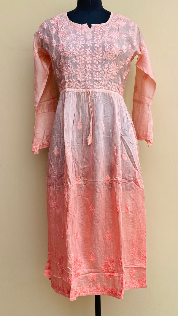 Lucknowi Chikankari Nyra Ombre Kurti Peach Mal Chanderi with Self work