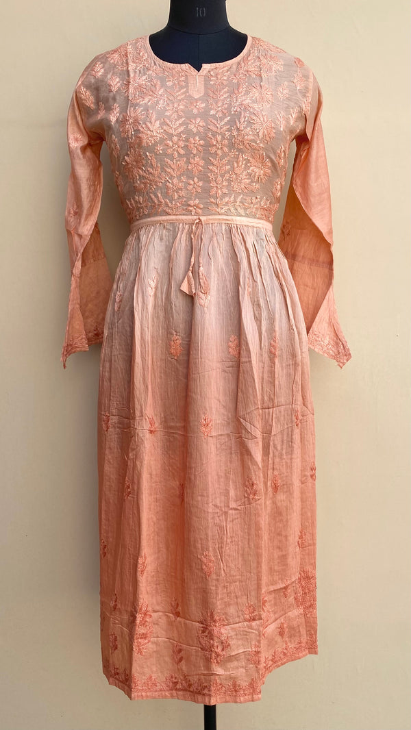 Lucknowi Chikankari Nyra Ombre Kurti Peach Mal Chanderi with Self work