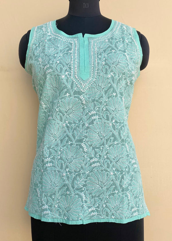 Lucknowi Chikankari Short Kurti Sea Green Cotton