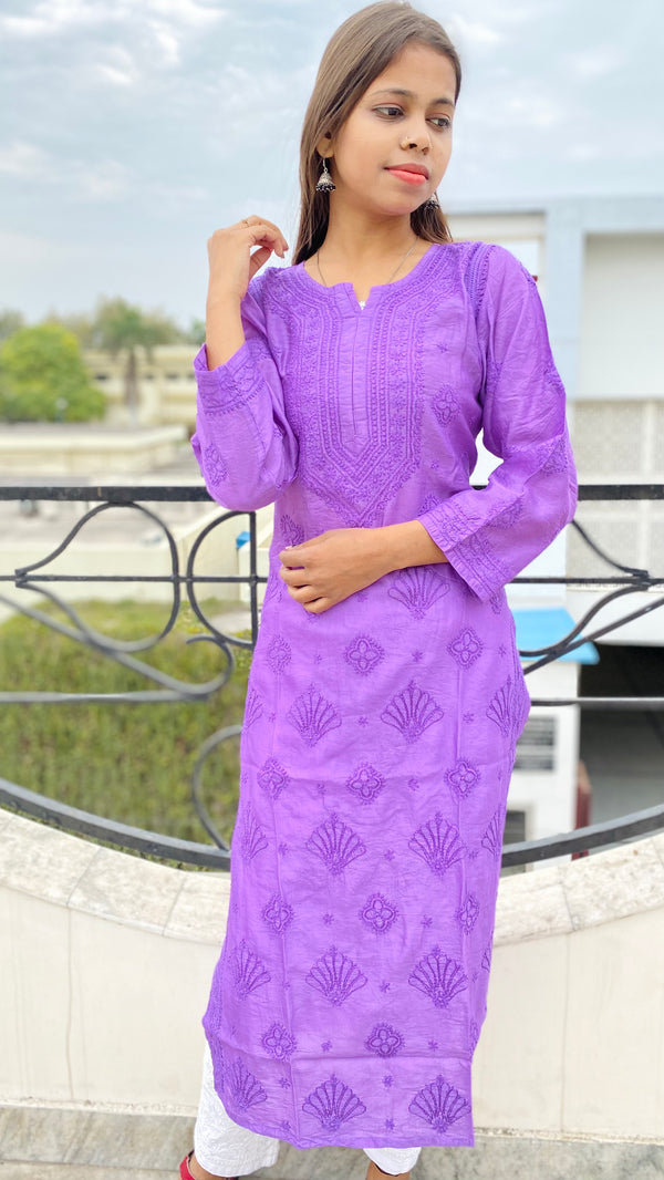 Lucknowi Chikankari Kurti Purple Mal Chanderi with Self work