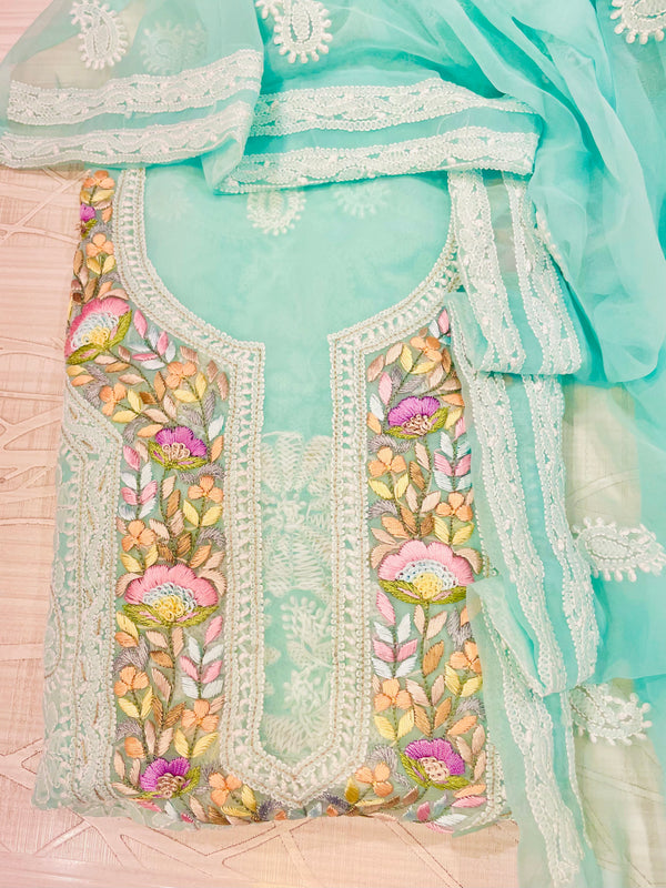 Lucknowi Chikankari Suit Length 3 Piece Sea Green Georgette with Parsi Work & Gotta Patti