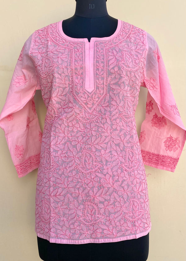 Lucknowi Chikankari Short Kurti Pink Cotton