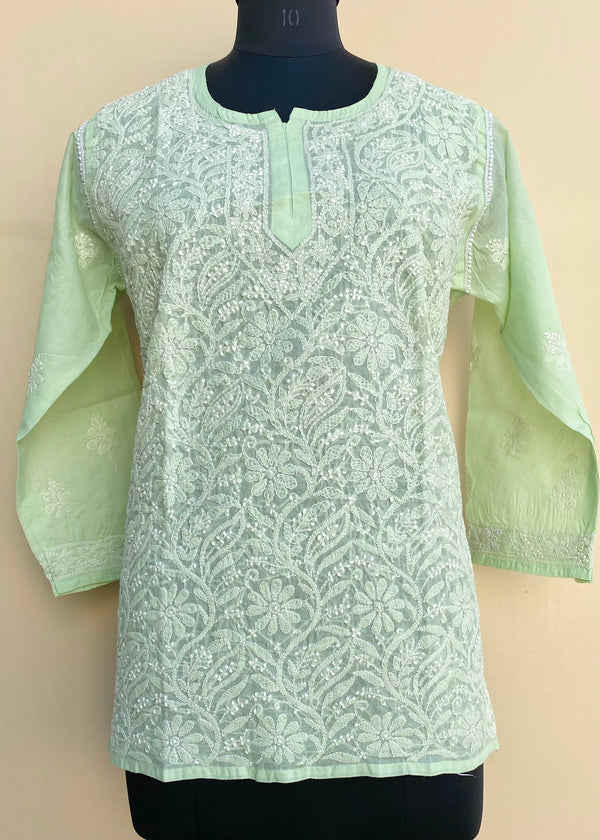 Lucknowi Chikankari Short Kurti Pista Green Cotton