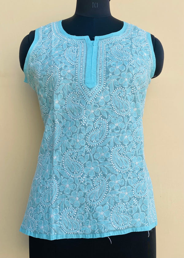 Lucknowi Chikankari Short Kurti Blue Cotton