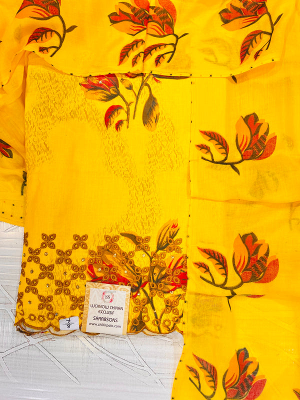 Designer Embroidered Suit Length 3 Piece Yellow Mal Cotton