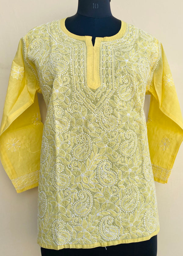 Lucknowi Chikankari Short Kurti Yellow Cotton