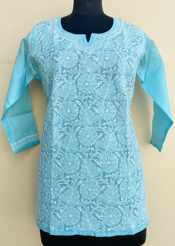 Lucknowi Chikankari Short Kurti Blue Cotton