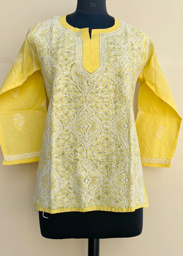 Lucknowi Chikankari Short Kurti Yellow Cotton