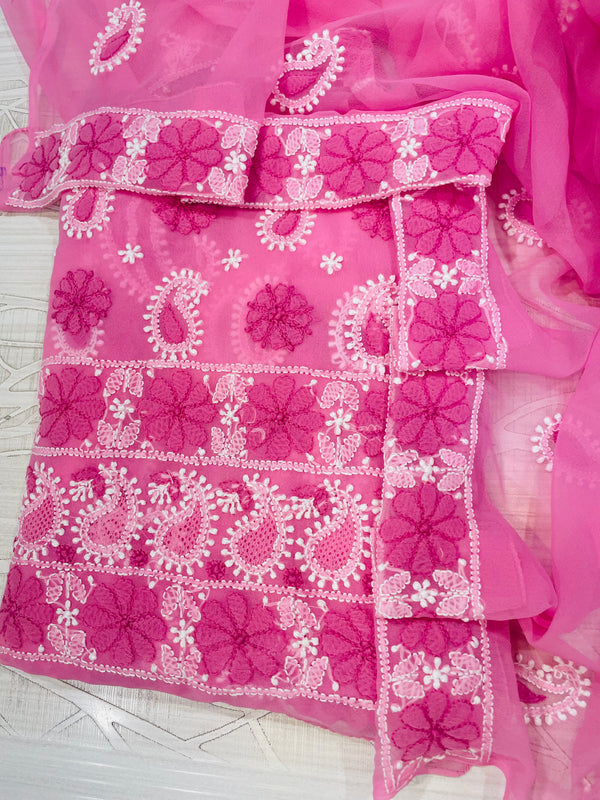 Lucknowi Chikankari Suit Length 3 Piece Pink Georgette With Jaali Work