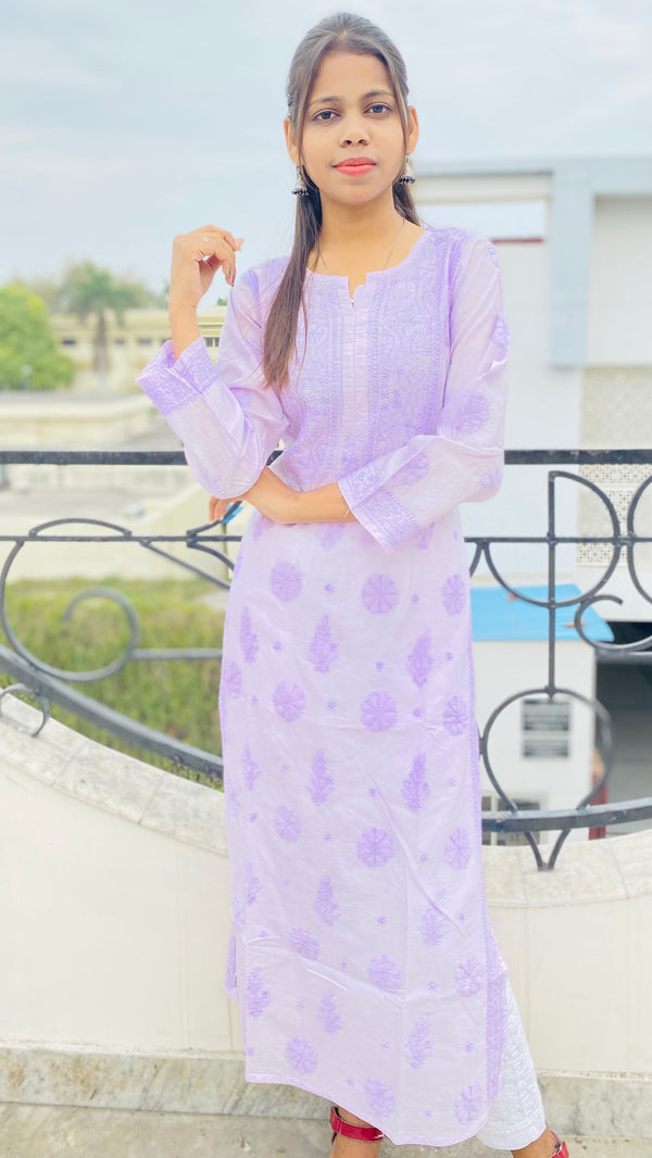 Lucknowi Chikankari Kurti Purple Mal Chanderi with Self Work