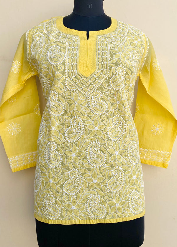 Lucknowi Chikankari Short Kurti Yellow Cotton