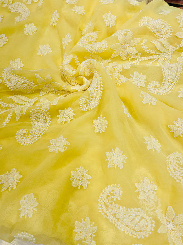 Lucknowi Chikankari Saree Lemon Yellow  Faux Georgette