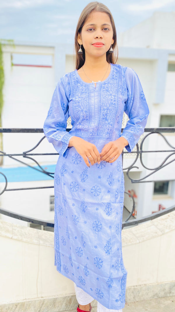 Lucknowi Chikankari Kurti Purple Mal Chanderi with Self work