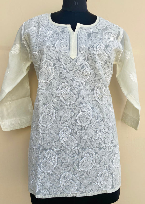 Lucknowi Chikankari Short Kurti Cream Cotton