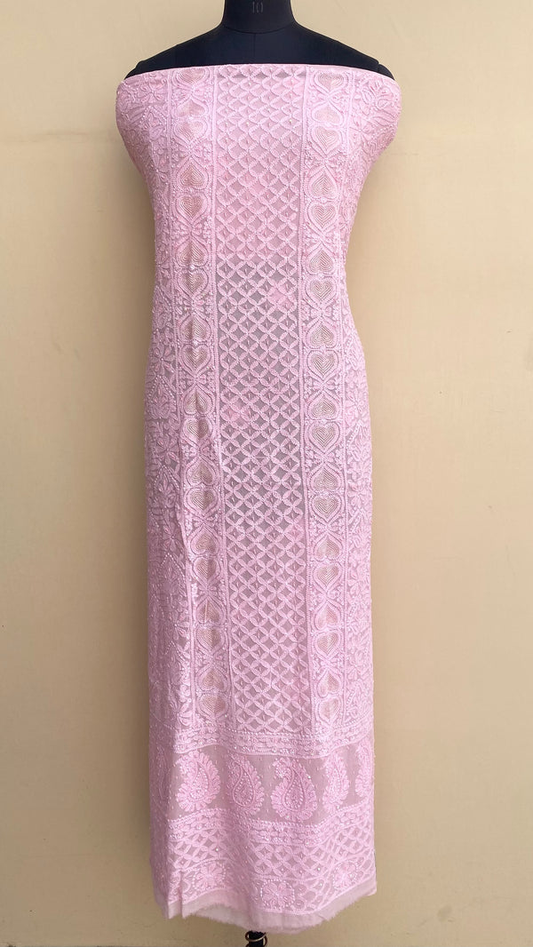 Lucknowi Chikankari Kurta Length Pink Pure Georgette With Pearl Work