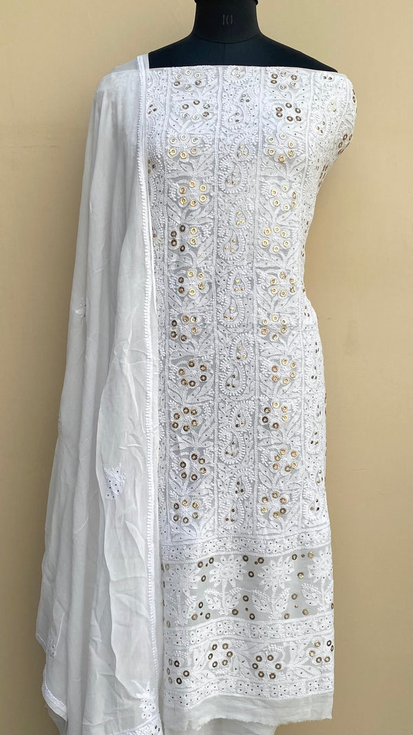 Lucknowi Chikankari Suit Length 2 Piece White Pure Georgette With Mukaish Work