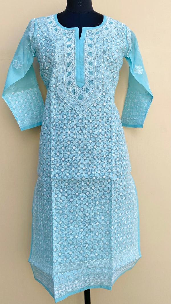 Lucknowi Chikankari Kurti Blue Cotton With Jaali Work