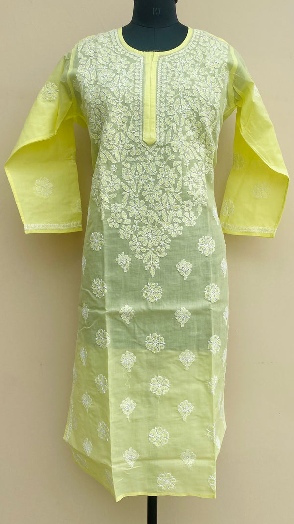 Lucknowi Chikankari Kurti Lemon Yellow Cotton