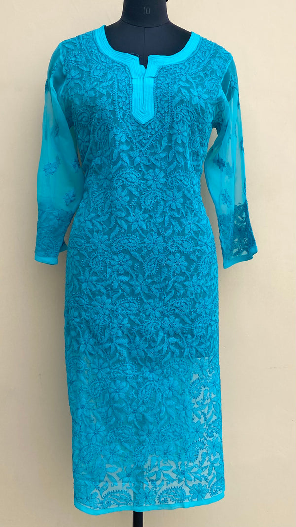 Lucknowi Chikankari Kurti Blue Faux Georgette with Self work