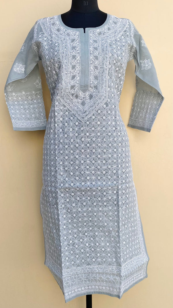 Lucknowi Chikankari Kurti Gray Cotton With Jaali Work