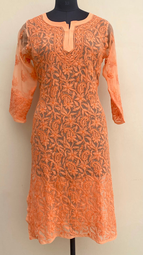 Lucknowi Chikankari Kurti Orange Faux Georgette with Self work