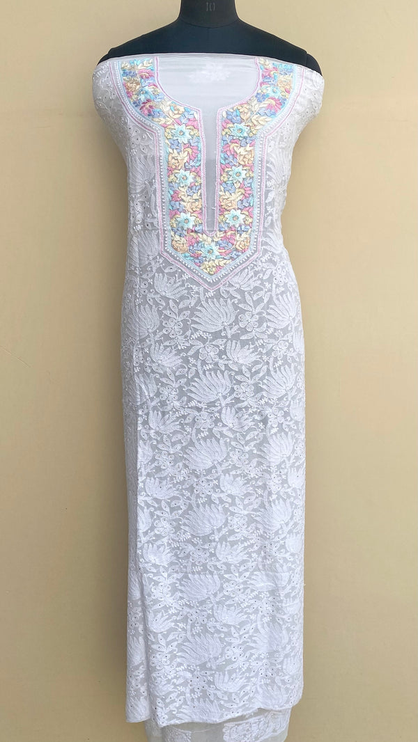 Lucknowi Chikankari Kurta Length White Pure Georgette With Parsi Work & Mukaish Work