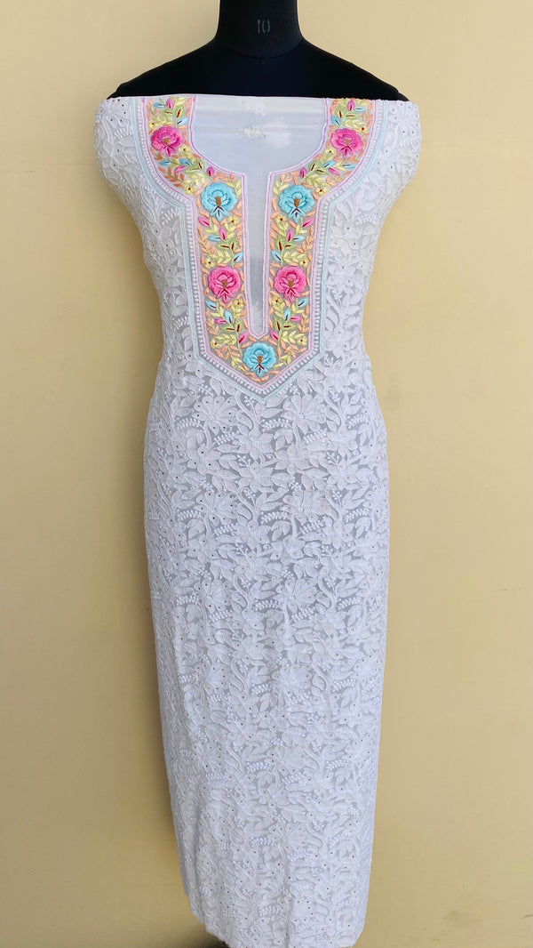 Lucknowi Chikankari Kurta Length White Pure Georgette With Parsi Work & Mukaish Work