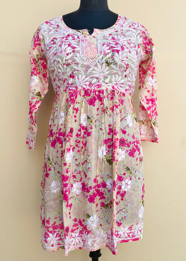 Lucknowi Chikankari Short Printed Kurti Pink Mulmul Cotton