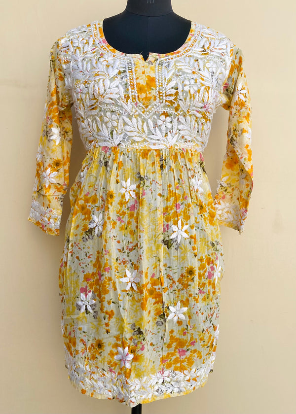 Lucknowi Chikankari Short Printed Kurti Yellow Mulmul Cotton