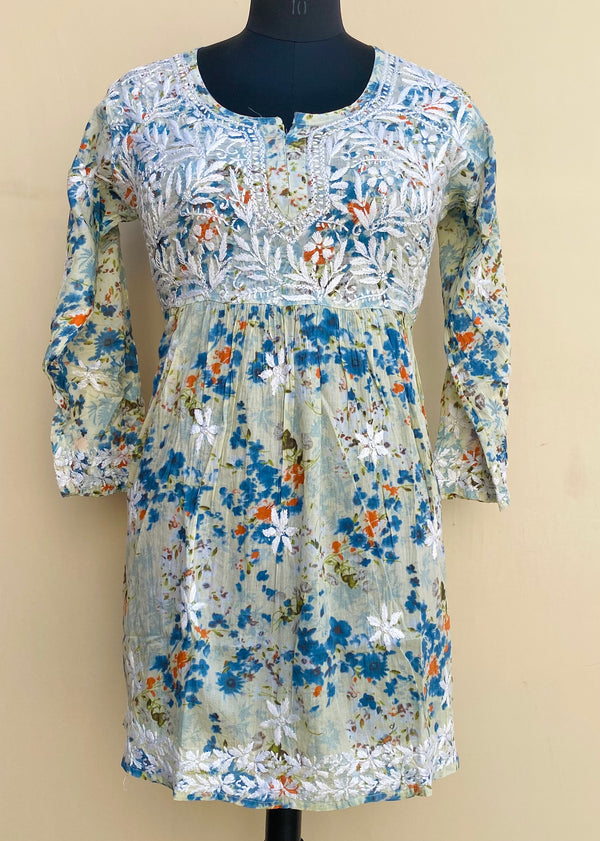 Lucknowi Chikankari Short Printed Kurti Blue Mulmul Cotton