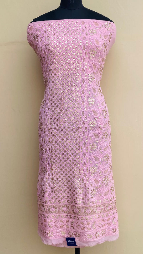 Lucknowi Chikankari Kurta Length Pink Pure Georgette With Gotta Patti Work