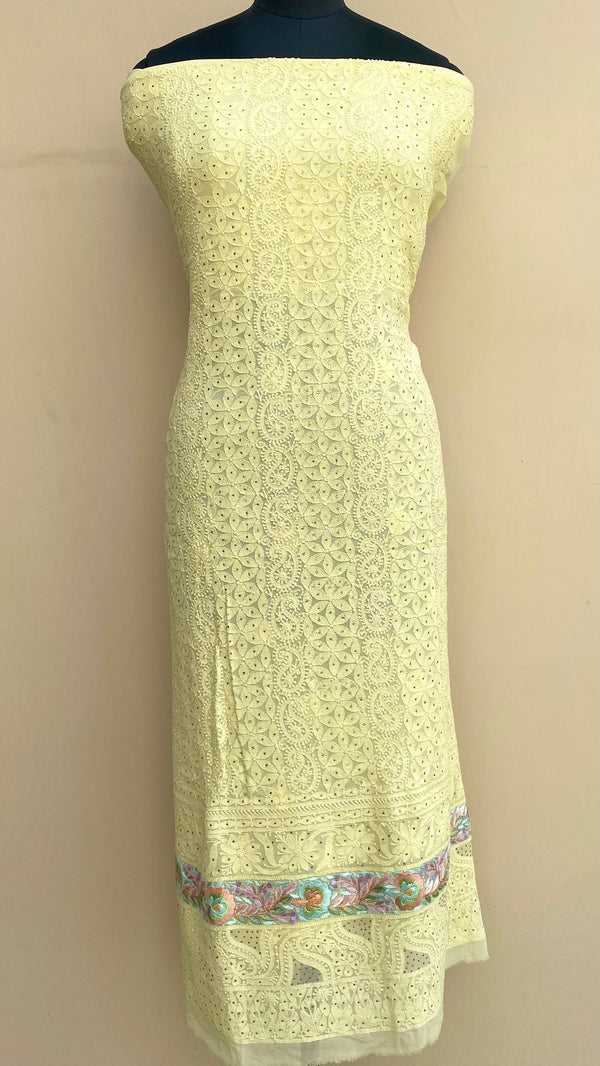 Lucknowi Chikankari Kurta Length Lemon Yellow Pure Georgette With Mukaish Work