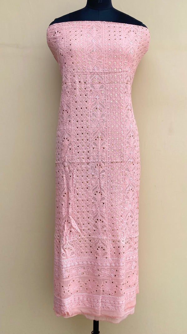 Lucknowi Chikankari Kurta Length Pink Pure Georgette With Mukaish Work