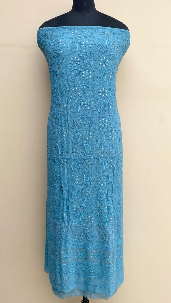 Lucknowi Chikankari Kurta Length Blue Pure Georgette With Mukaish Work