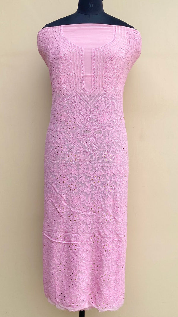 Lucknowi Chikankari Kurta Length Pink Pure Georgette With Mukaish Work