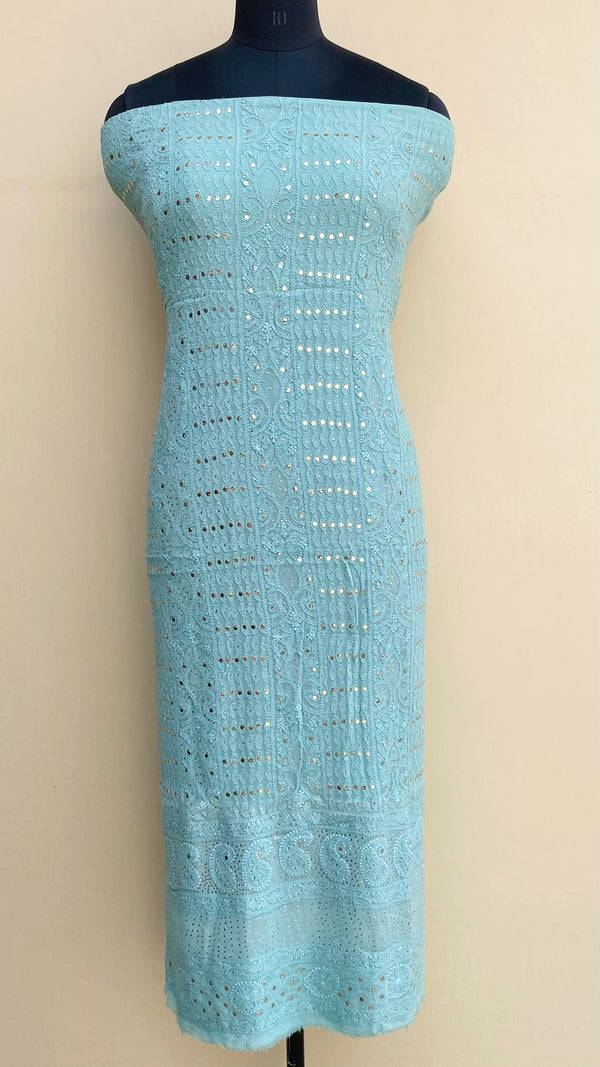 Lucknowi Chikankari Kurta Length Sea Green Pure Georgette With Mukaish Work