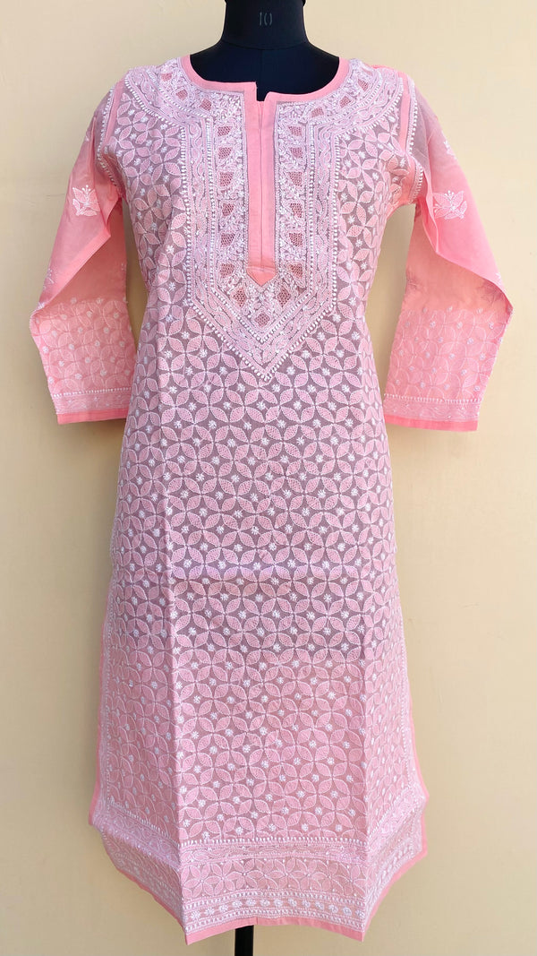 Lucknowi Chikankari Kurti Pink Cotton With Jaali Work