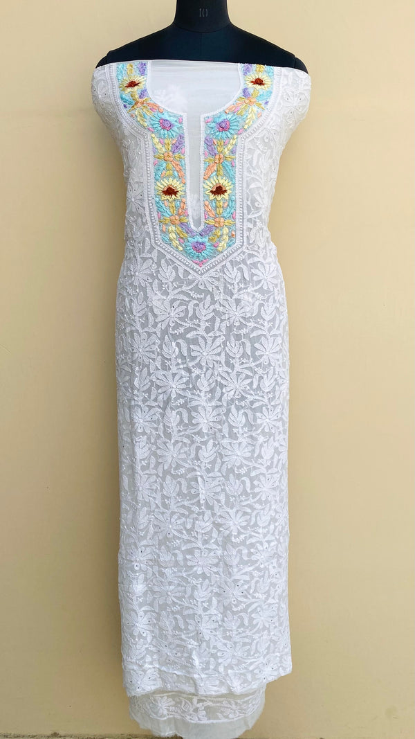 Lucknowi Chikankari Kurta Length White Pure Georgette With Parsi Work & Mukaish Work