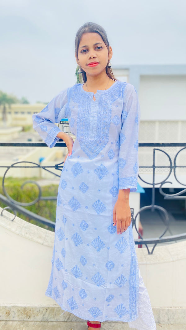 Lucknowi Chikankari Kurti Purple Mal Chanderi with Self work