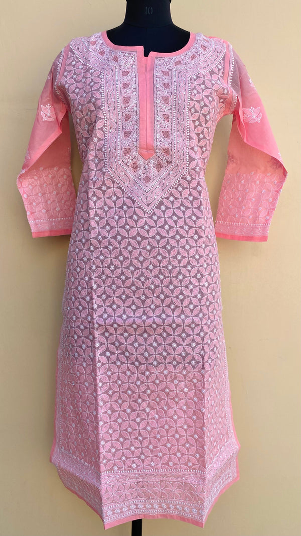 Lucknowi Chikankari Kurti Pink Cotton With Jaali Work
