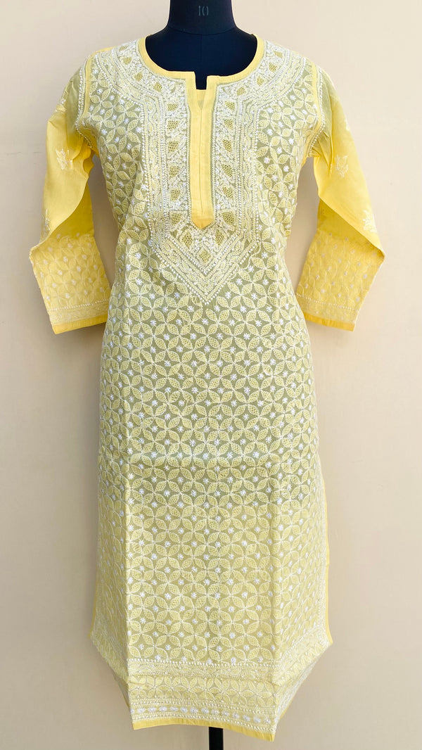 Lucknowi Chikankari Kurti Yellow Cotton With Jaali Work