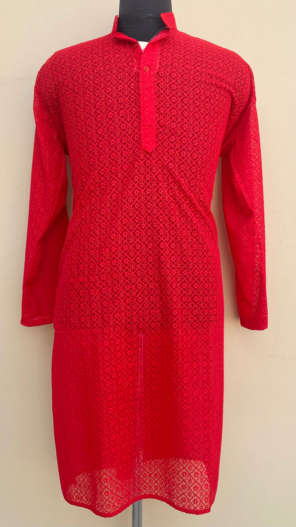 Chikankari Men’s Kurta Red Georgette