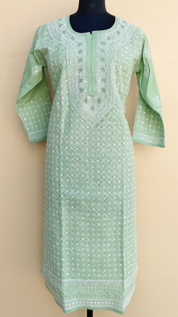 Lucknowi Chikankari Kurti Pista Green Cotton With Jaali Work