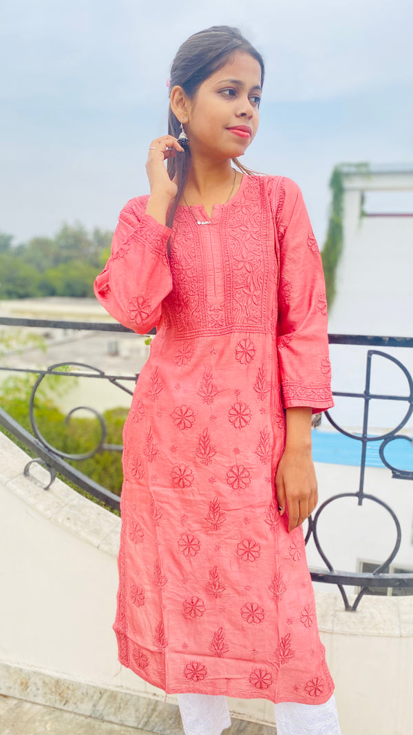 Lucknowi Chikankari Kurti Copper Mal Chanderi with Self work