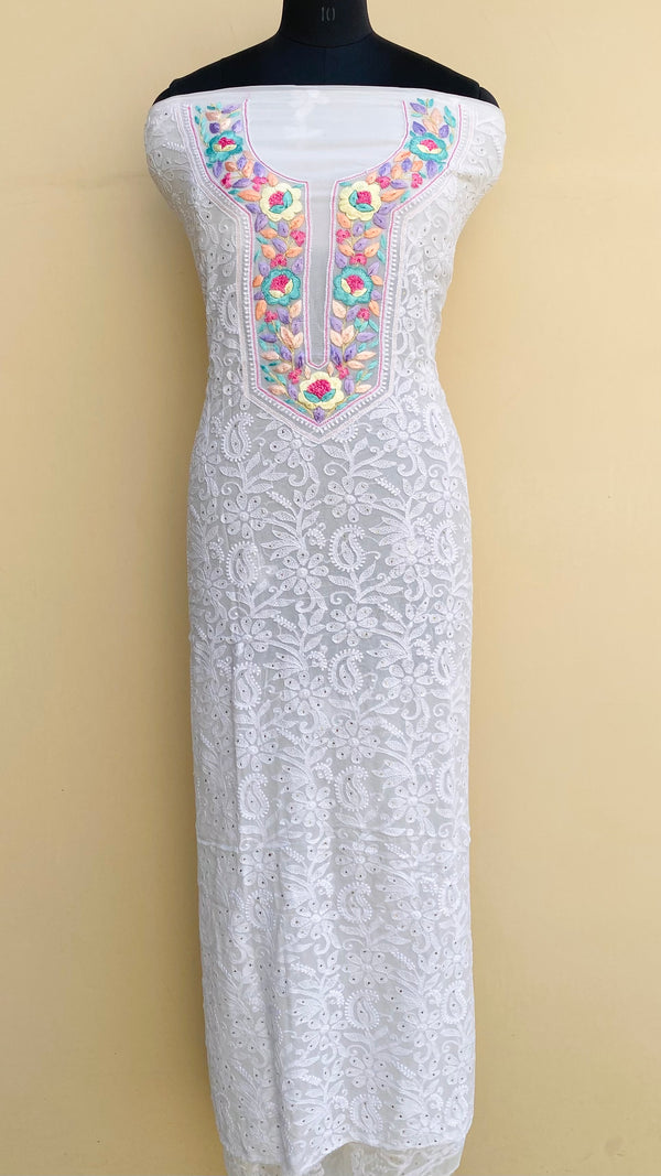 Lucknowi Chikankari Kurta Length White Pure Georgette With Parsi Work & Mukaish Work