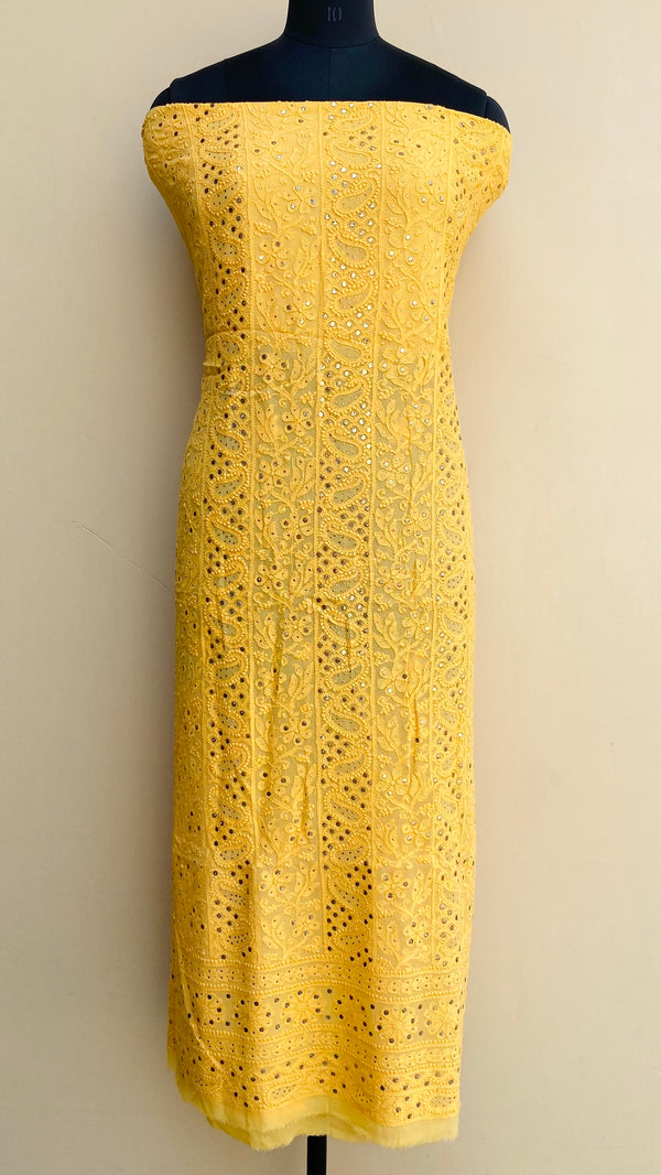 Lucknowi Chikankari Kurta Length Yellow Pure Georgette With Mukaish Work