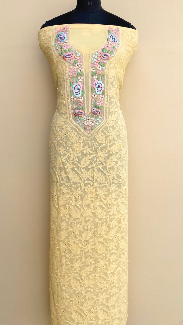 Lucknowi Chikankari Kurta Length Yellow Pure Georgette With Parsi Work & Mukaish Work